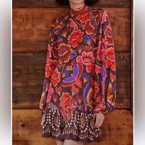Farm Rio Brown Bright flora long sleeve mini dress